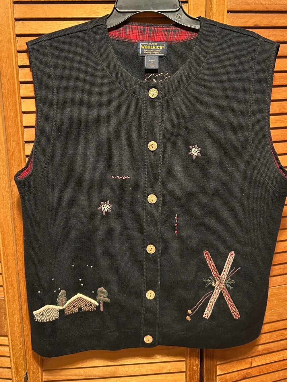 Vintage Woolwrich Embroidered Winter Cabin Ski Snowflake Scene Navy Blue Vest